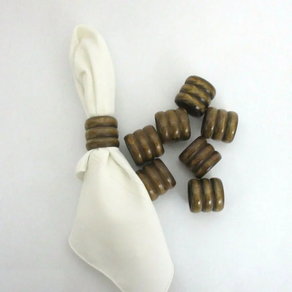 Carved Natural Brown Round Wood Napkin Rings Holders 1.5